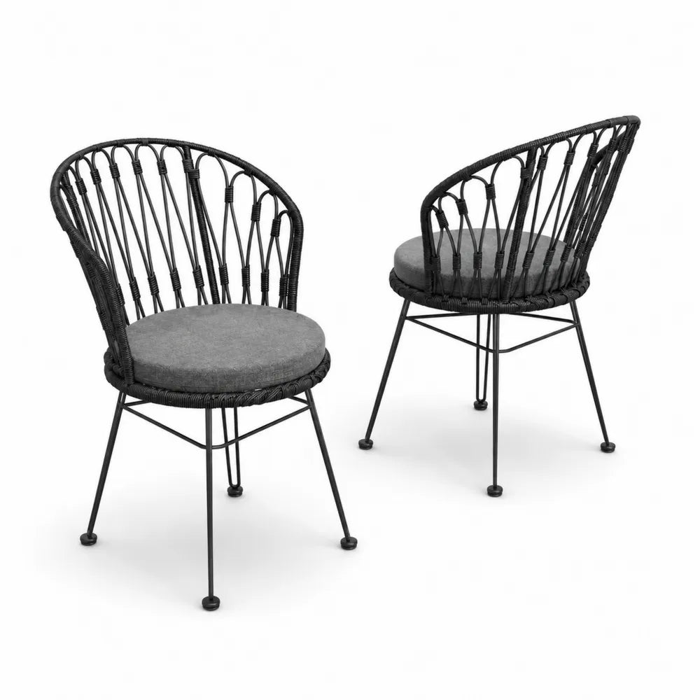 2er-Set Metall- und Rattan-Gartenstühle mit grauen Polyestersitzkissen