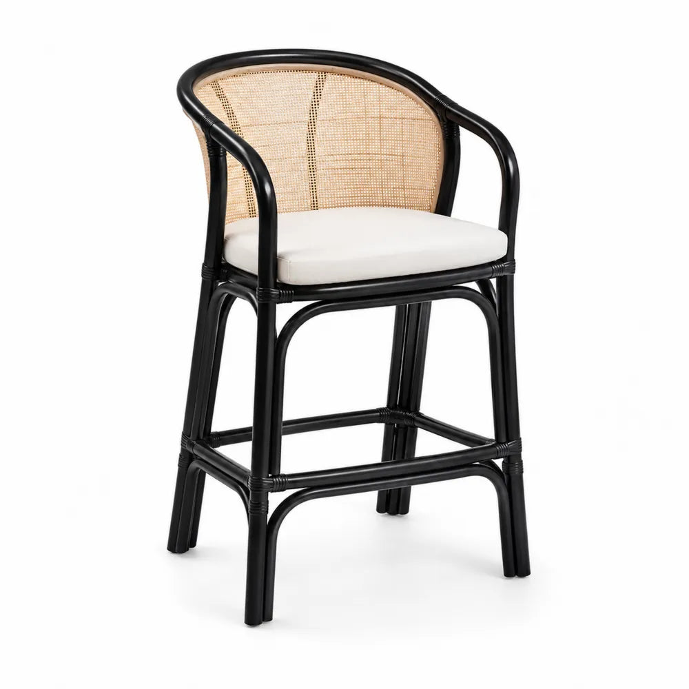 Rattan Barhocker mit Baumwollkissen Schwarz
