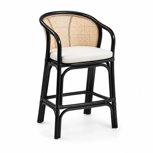 Rattan Barhocker mit Baumwollkissen Schwarz