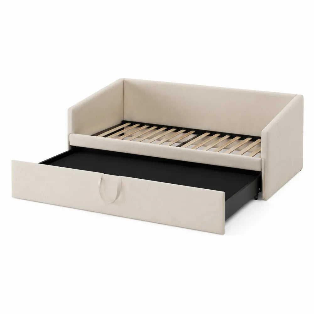 Tagesbett mit Ausziehschublade Holz Beige Samt 90x200 cm