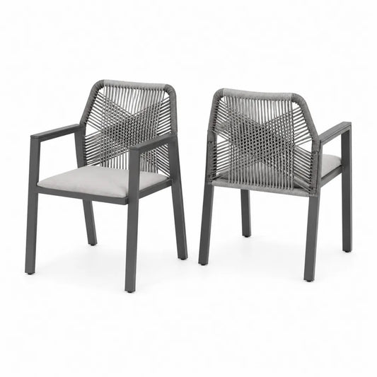 2er-Set Esszimmerstühle Aluminium mit Armlehnen und Seilgeflecht